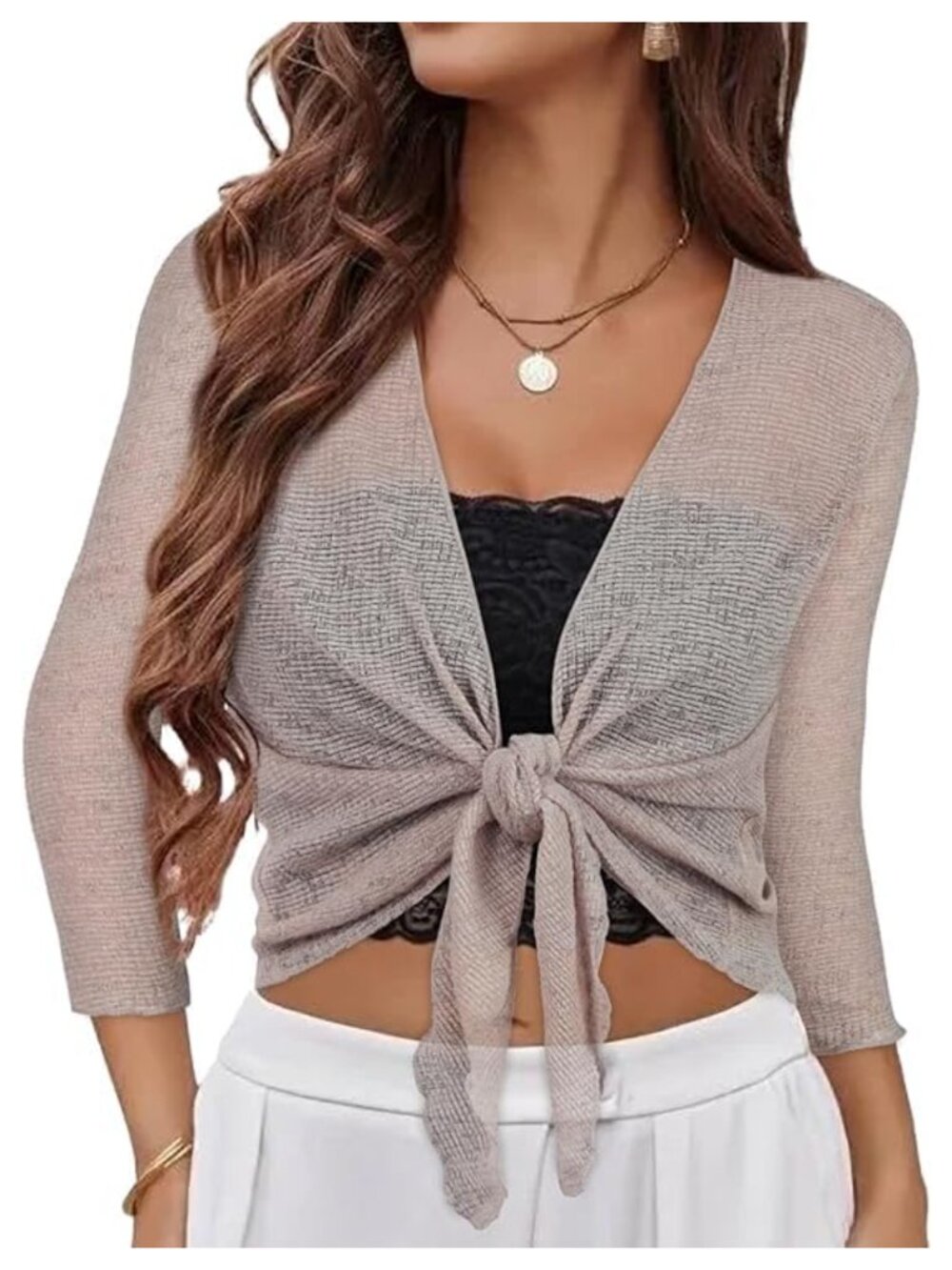 Women's Sheer Shrug Bolero 3/4 Sleeve Tie Front Summer Cardigan